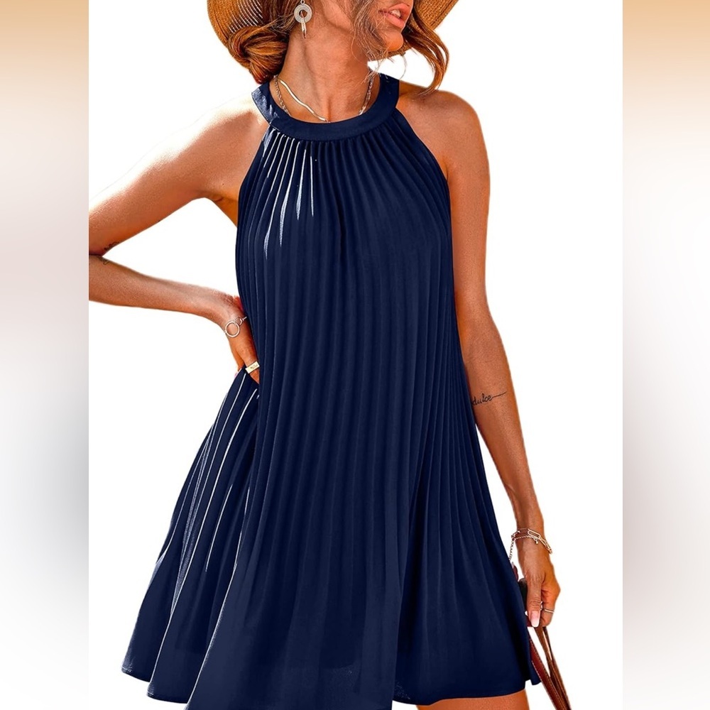 Elegant Blue Pleated Dress